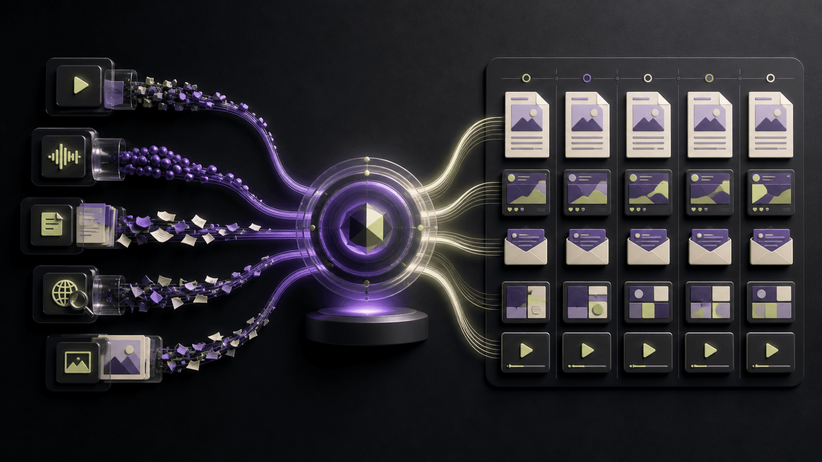Illustration of source material moving through an AI content workflow into several content formats