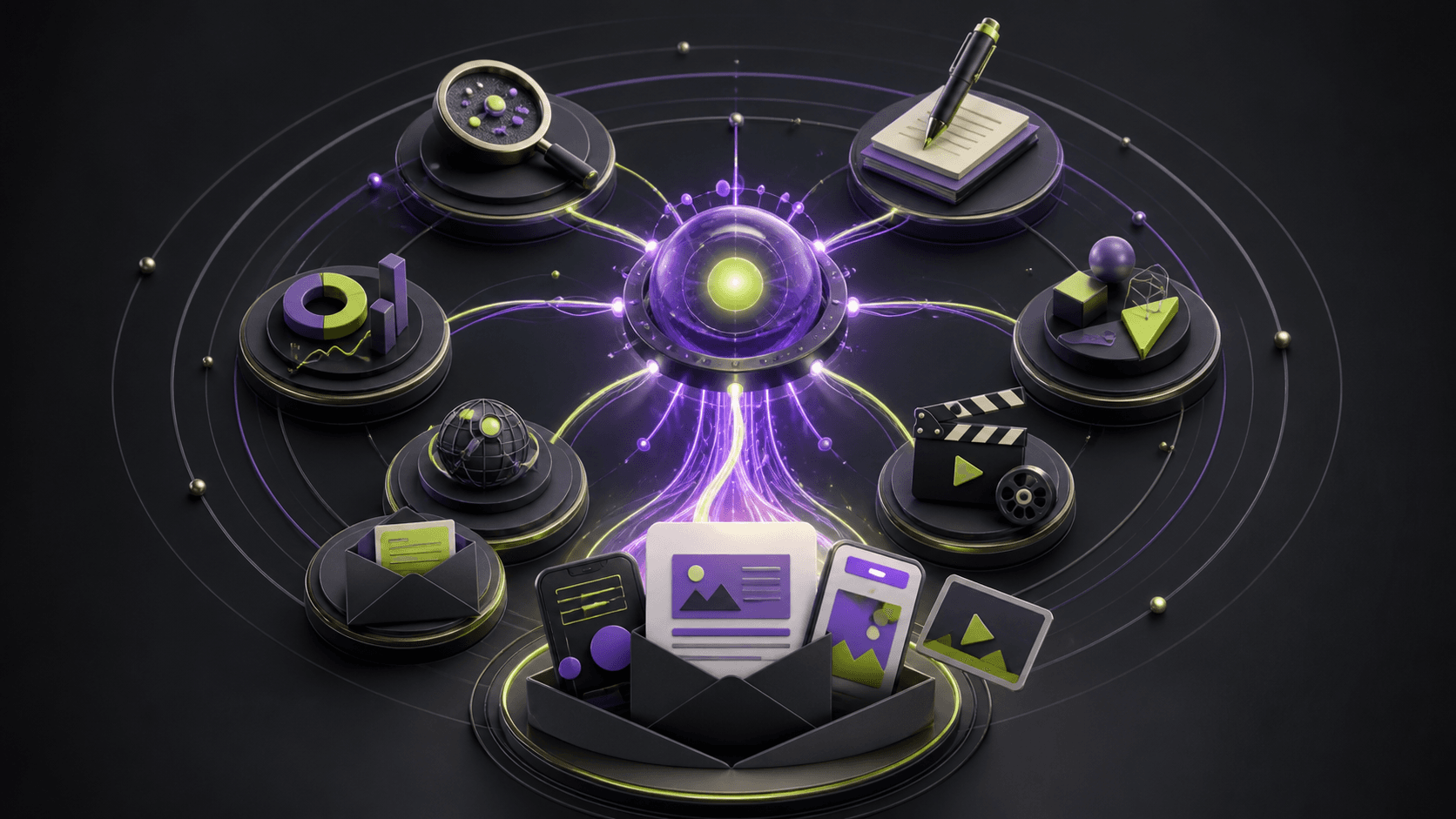 AI marketing workflow connecting research, writing, analytics, design, video, and email into one campaign