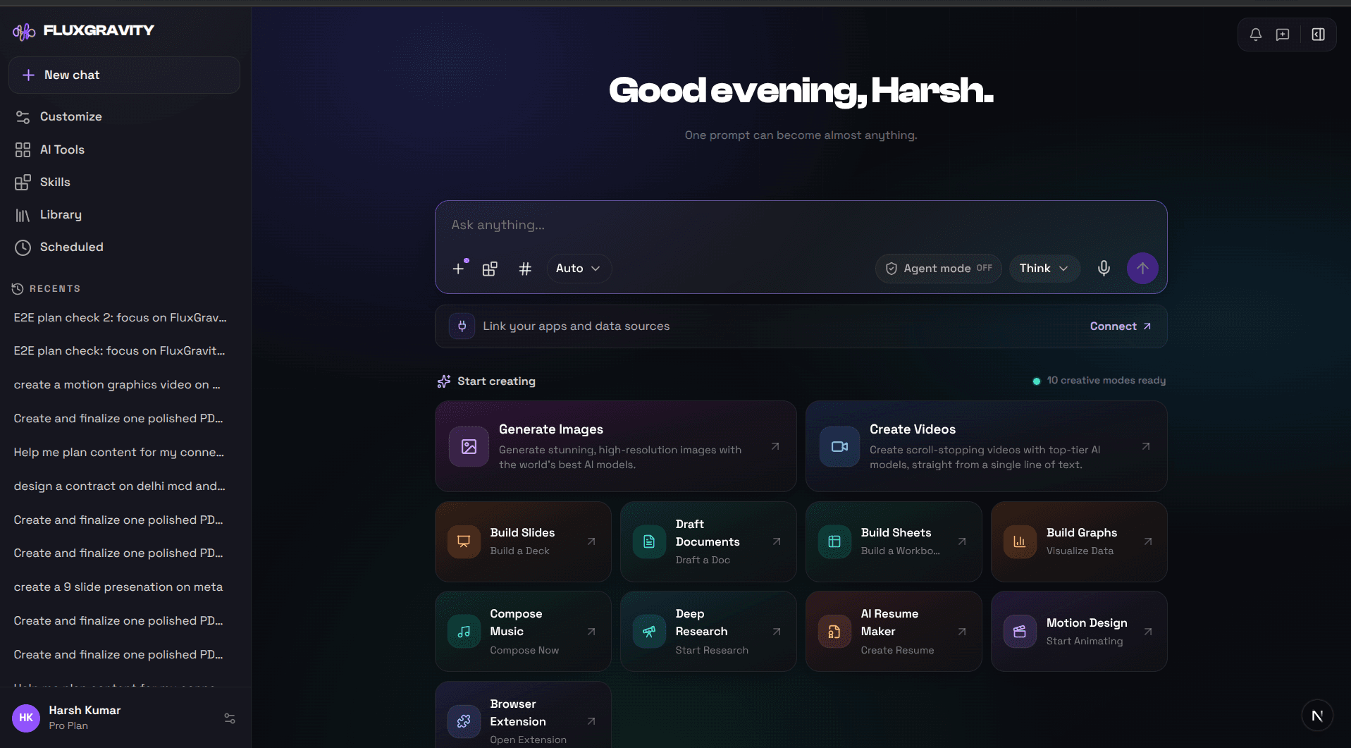FluxGravity agent workspace with prompt composer and creative modes