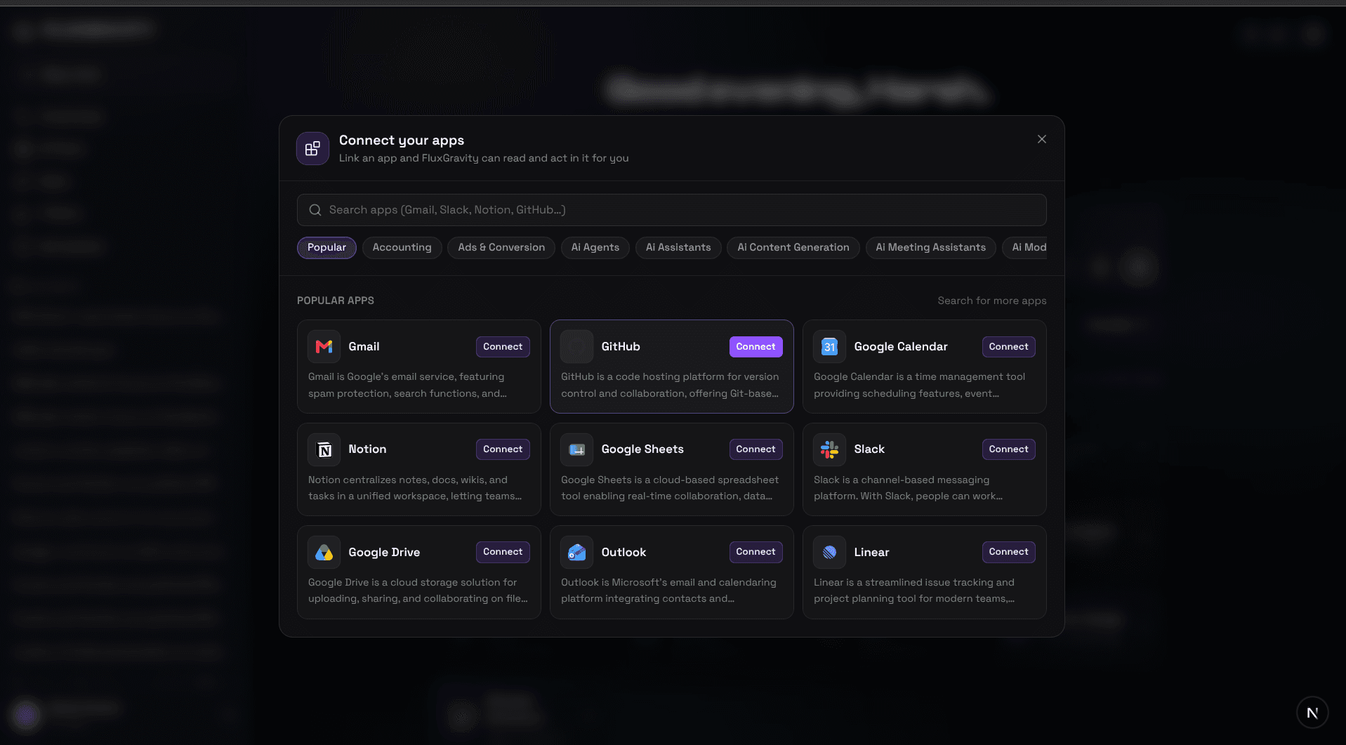 FluxGravity connected apps panel with Gmail, GitHub, Google Calendar, Notion, Sheets, Slack, Drive, Outlook, and Linear